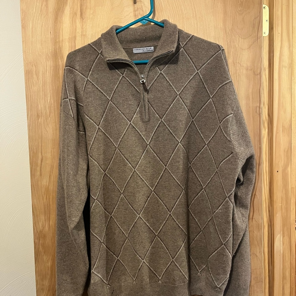Men's Brown Diamond Pattern Zip-Up Cashmere Sweater